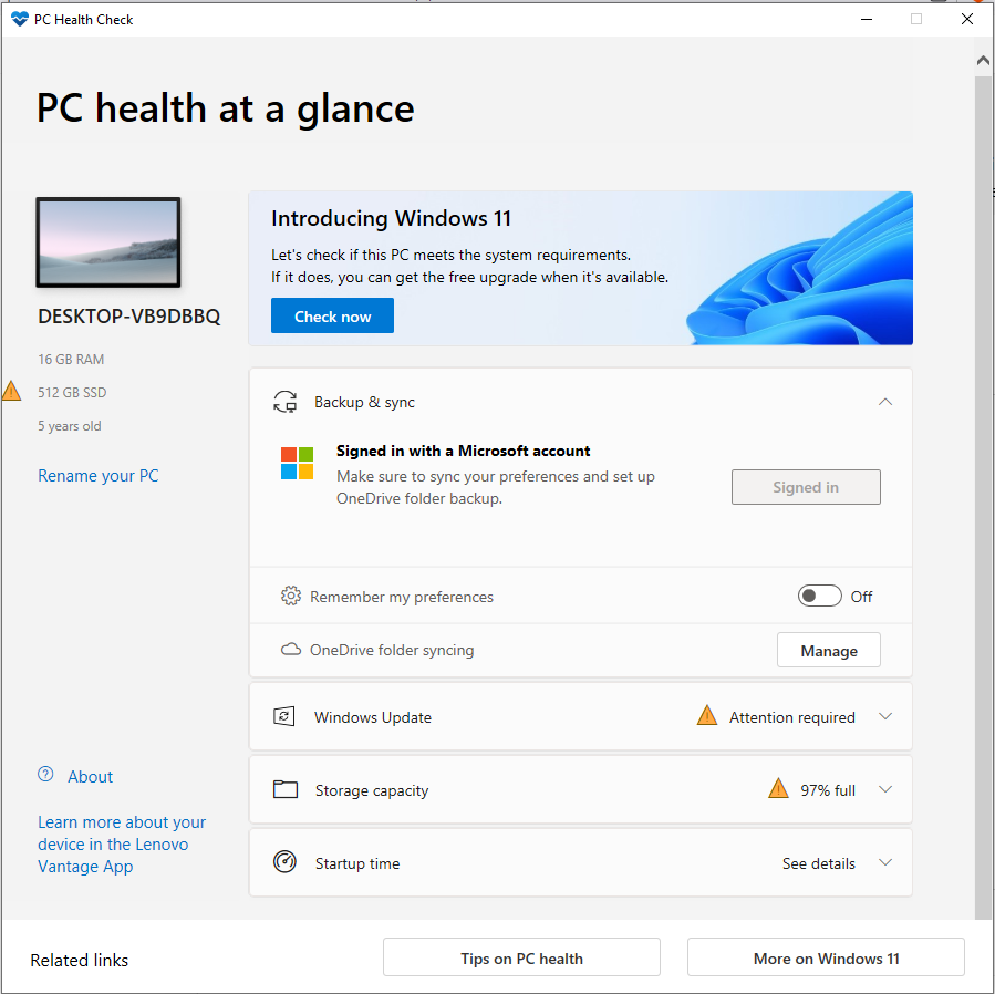 PC Health Check main screen