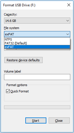 Format USB drive to exFAT in Windows