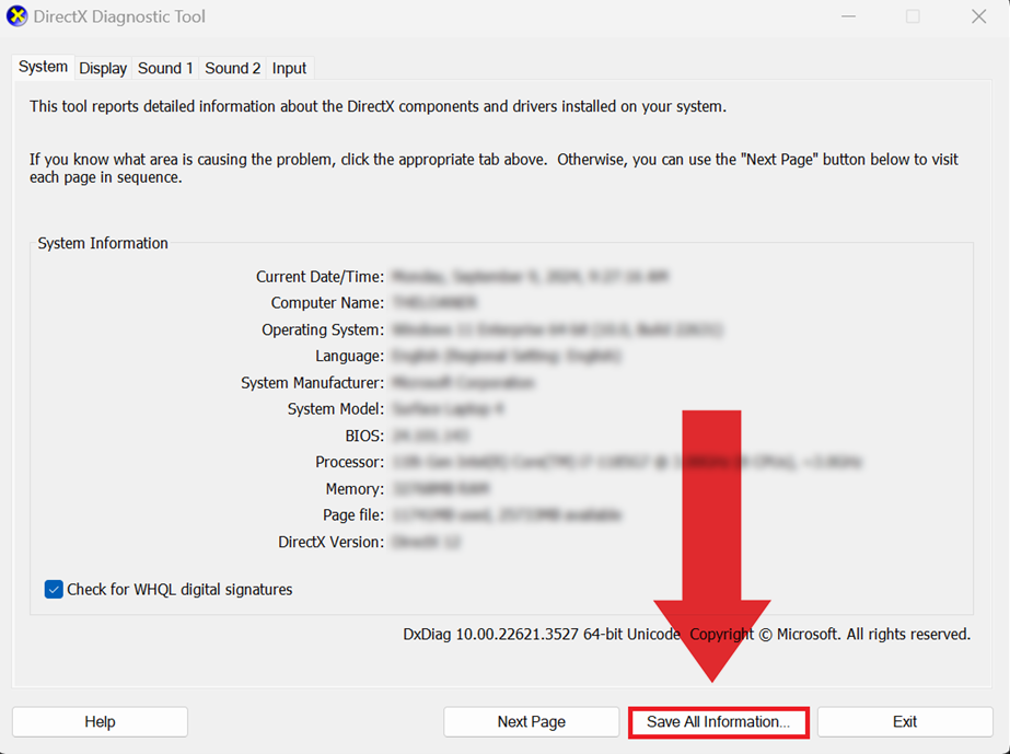 DxDiag main screen showing save option
