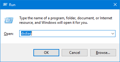 Run dialog with dxdiag command