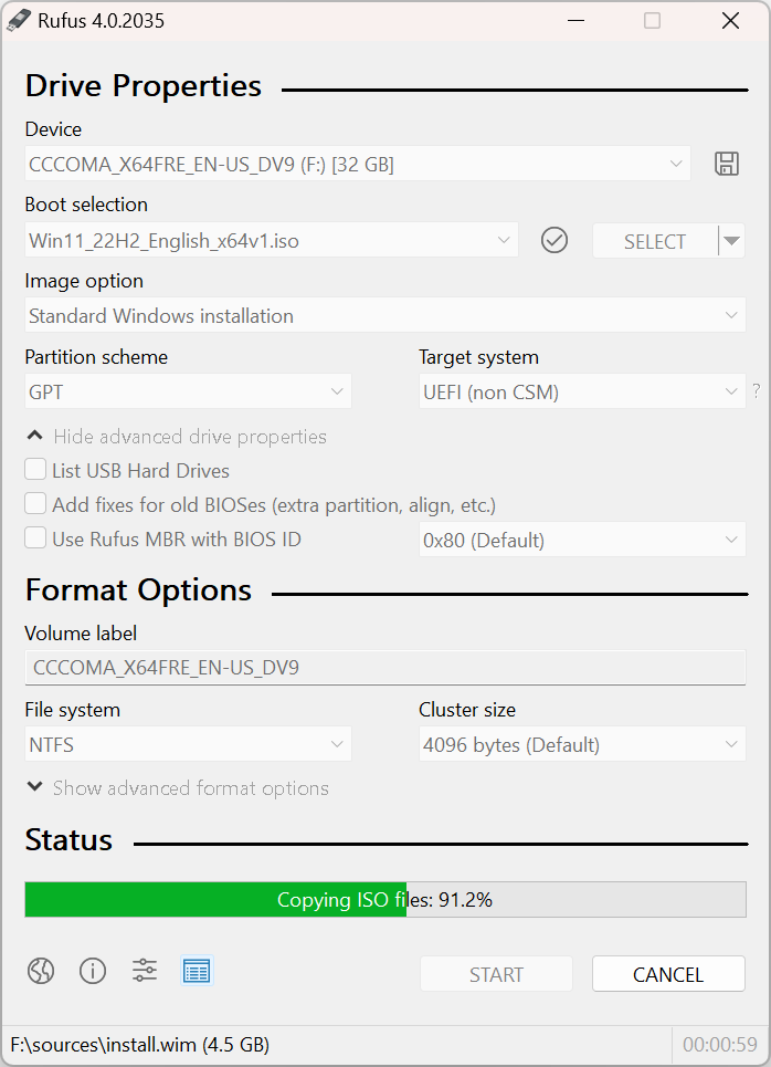 Rufus showing write progress