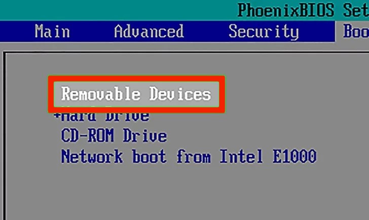 The Boot Manager in this BIOS showing the order of the boot devices, this is the correct setup for USB booting