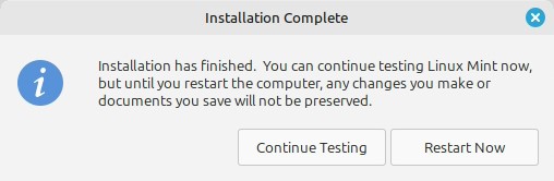 Linux installer finished and ready to restart