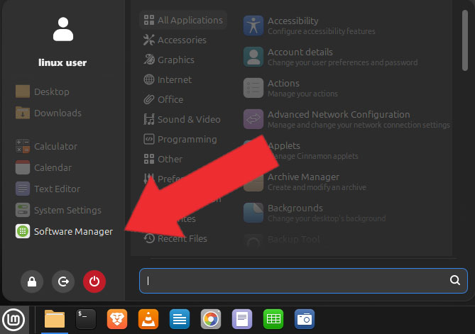 The Software manager is easily found in the Start Menu of Linux Mint.